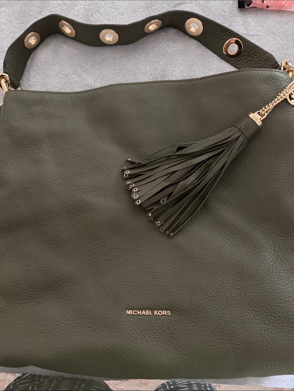 Michael Kors Dark Olive Green Leather Shoulder Bag with Tassel